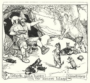 Selkirk ganske fornøyd på den øde øya noen ganger (litho) av Henry Justice Ford