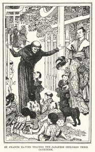 St Francis Xavier lærer de japanske barna deres katekisme (litho) av Henry Justice Ford