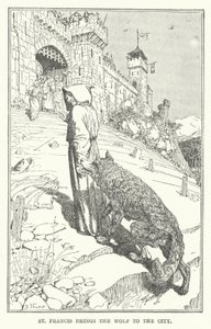 St Francis bringer ulven til byen (litho) av Henry Justice Ford