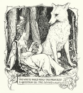 Den hvite ulven stiller prinsessen et spørsmål i skogen (gravering) av Henry Justice Ford