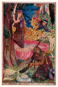 Heksa får Pulga ned fra treet (farge litho) av Henry Justice Ford