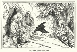 Ravnen bringer brødet (litho) av Henry Justice Ford
