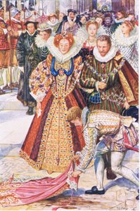 Walter Raleigh ofrer kappen sin for dronning Elizabeth, illustrasjon fra Kenilworth, ca. 1910 av Henry Justice Ford