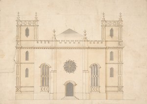 Fasade til en gotisk vekkelseskirke, 1745-76. av Henry Keene.
