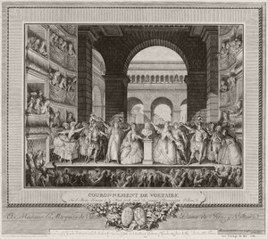 Kroningen av Voltaire ved Théatre Francais, 30. mars 1778, etter den sjette forestillingen til Irene, 1782 (etsing og gravering)
