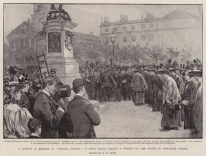 En hyllest av respekt til kinesiske Gordon, Li Hung Chang plasserer en krans på statuen på Trafalgar Square av Henry Marriott Paget