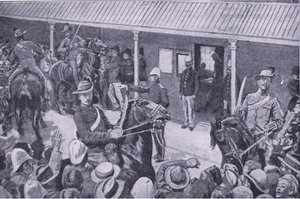 Kolonialforsterkninger for Sør-Afrika: Et rush av søkere til påmelding i Sydney, fra After Pretoria: The Guerilla War utgitt av Harmsworth Brothers Limited, 1901 av Henry Marriott Paget