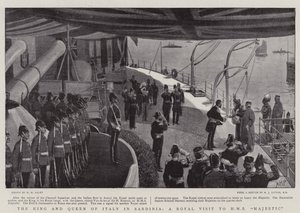 Kongen og dronningen av Italia på Sardinia, et kongelig besøk til HMS Majestic av Henry Marriott Paget