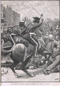 Peterloo-massakren med husarene som anklager folket, illustrasjon fra Cassells 