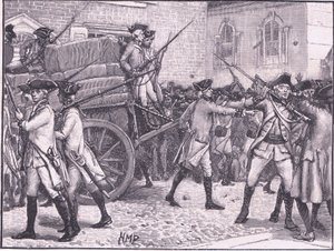 Tropper som eskorterer det stemplede papiret til rådhuset, New York AD 1765