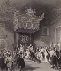 Dronning Victoria på tronen, St James's Palace, London (gravering)