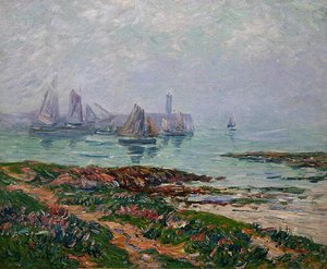 Kystscene med fiskebåter av Henry Moret
