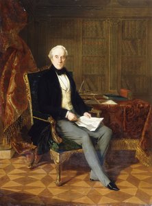 Portrett av Henry Pelham-Clinton, K.G., 4. hertug av Newcastle, holder et dokument, i hans studie, 1850