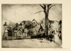 Landskap med høyt tre og hus av Henry Nielsen