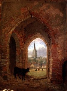 Utsikt gjennom buegangen til Cow Tower, Norwich (olje på panel) av Henry Ninham