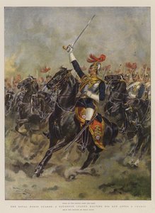 The Royal Horse Guards, en skvadronleder som stopper mennene sine etter en anklage (chromolitho)