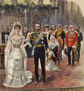 Ekteskapet til hertugen av Cornwall og York med prinsesse Mary, Chapel Royal, St James' Palace, London, 6. juli 1893 (chromolitho) av Henry Payne