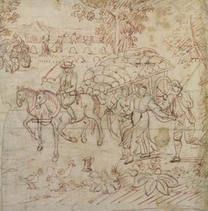 Landskap med innhøstingsmaskiner som vender hjem, ca. 1595-1605 (penn og brunt blekk på papir) av Henry Peacham