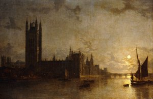 Westminster Abbey, The Houses of Parliament med byggingen av Westminster Bridge, 1859