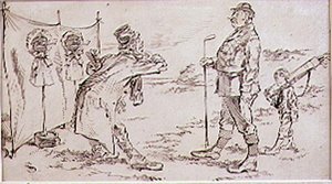 Golferen blir forstyrret av selgeren, illustrasjon til Graphic magazine, pub. c, 1870 av Henry Sandercock