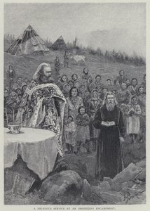 En religiøs gudstjeneste ved et Orozhanni-leir (litho) av Henry Sandham