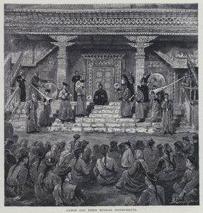 Lamaer og deres musikkinstrumenter (litho) av Henry Sandham