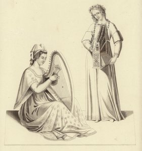 Damer som spiller på harpe og orgel, begynnelsen av 1300-tallet av Henry Shaw