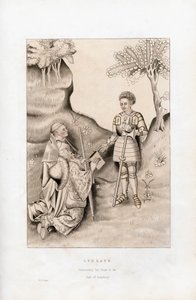 Lydgate presenterer boken sin for jarlen av Salisbury, 1426, 1843. av Henry Shaw