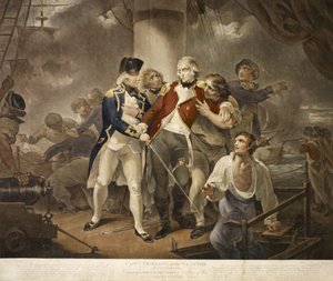 Capt. Trollope i Glatton of 54 Carronades Engasjerer en fransk skvadron på 8 krigsskip som frakter 230 kanoner, gravert av James Daniell, 1797 (mezzotint) av Henry Singleton