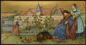 Sans Everything, plakett som viser en illustrasjon fra Shakespeares Seven Ages, Minton ware, Staffordshire, 1874 (emaljert fajanse)