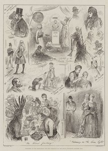 Skisser på prøven for tablåene til Royal Institute Costume Ball av Henry Stephen Ludlow