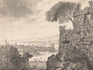 Landskap med ruiner i forgrunnen, havn og landsby, i bakgrunnen