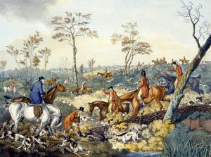 Tegning av et omslag, fra 'Foxhunting', gravert av Thomas Sutherland (1785-1838) (farge litho)