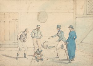 En hanekamp betraktet av fire menn i et uthus: Kampen, gravert som tavle 39 i "The National Sports of Great Britain"