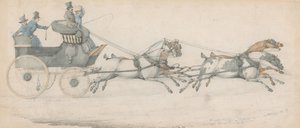 En gentleman kjører med et firspann foran en postfajetong, ledsaget av tre stallgutter av Henry Thomas Alken