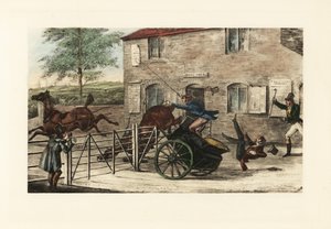 Engelske herrer i en konsert med to hester prøver å hoppe over en bomport. av Henry Thomas Alken