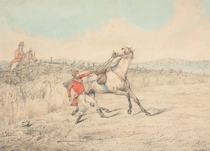 Rytter som holder fast i en grå hest etter et fall av Henry Thomas Alken