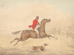 Rytter på en brun hest i ferd med å hoppe over et gjerde mot høyre av Henry Thomas Alken