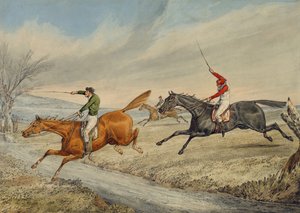 Steeplechasing: Three Riders Taring a Brook (blyant og wc på papir) av Henry Thomas Alken