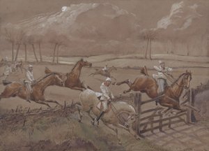 The Last Field nær Nacton Heath, plate 3, fra The First Steeple Chase on Record, gravert av J. Harris, trykt av Ackermann, London i 1839 (farget akvatint) av Henry Thomas Alken