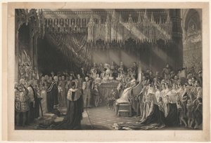 Kroningen av dronning Victoria av England. Til George Hayter, med adresse til Graves og Warmsby. Tresnittskisse og legende inkludert