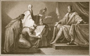 Doomsday Book presentert til William the I, gravert av J. Fittler, illustrasjon fra David Humes 