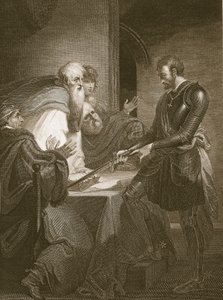 Earl Warenne rettferdiggjør titlene til eiendommene sine, gravert av J. Fittler, illustrasjon fra David Humes 