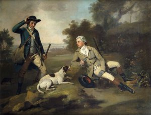 En herre som lener seg tilbake med en pistol og en hund og hans viltvokter som står i nærheten,
