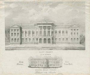 Stoke-upon-Trent - Tiltenkt nytt marked og rådhus: litografi, nd [c 1834] av Henry Ward