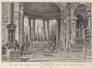 Den romersk-katolske kirken St Mary, Moorfields, City, som er i ferd med å bli revet ned av Henry William Brewer