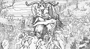 Representasjon av en sabbatsscene satt sammen av hekser som ledes av satan som gir opphav til orgier (sabbatssamling) Tegning av Henry de Malvost fra "Satanism and magic"" av Jules Bois 1895 Privat samling Â av Henry de Malvost