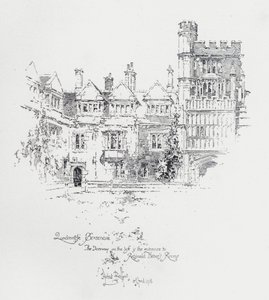 Brasenose College, Oxford, som viser inngangen til rommene til den engelske presten og forfatteren Reginald Heber (litho) av Herbert (after) Railton