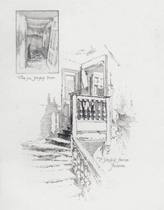 Den engelske forfatteren Samuel Johnsons rom og trapp, Pembroke College, Oxford (litho) av Herbert (after) Railton