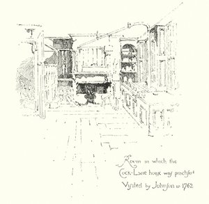 Rom der Cock-Lane Ghost hoax ble praktisert, besøkt av Dr John i 1762 (litho)